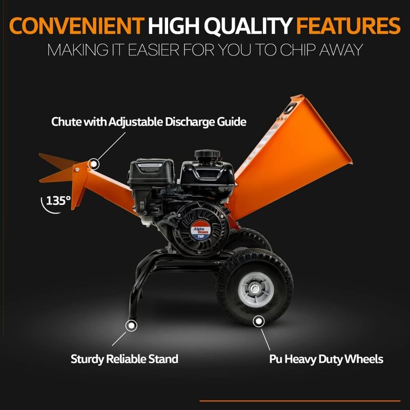 Wood Chipper Shredder Mulcher 7HP Engine Heavy Duty Compact Rotor Assembly Design 3" Inch Max Capacity