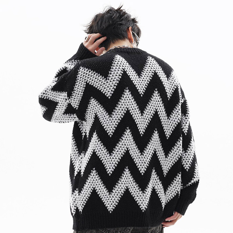 Aolamegs Y2K Men Sweater Contrast Geometric Striped Knitted Pullover Street Loose Crew Neck Drop Shoulder Knitwear Tops Unisex
