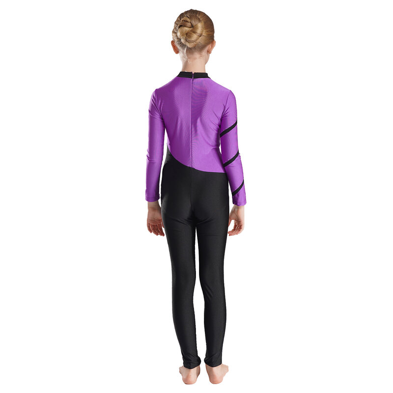 Kids Girls Contrast Color Full Length Dance Jumpsuit Mock Neck Long Sleeve Bodysuit for Gymnastics Stage Performance Competition