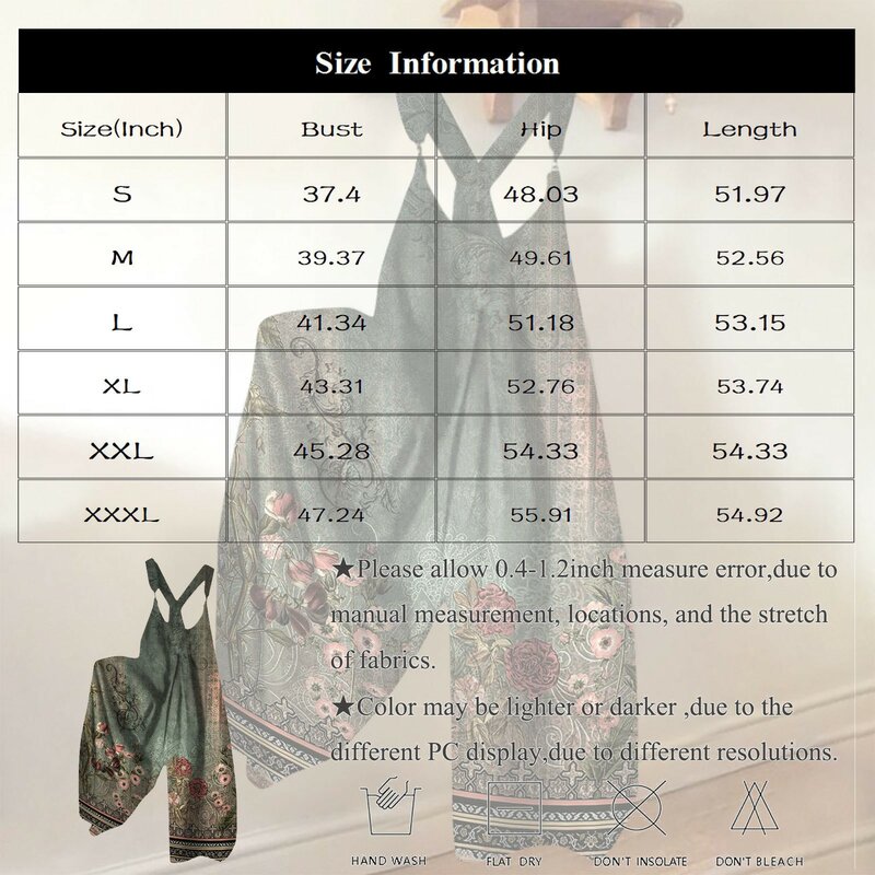 Wide Leg Overalls For Women Casual Loose Sleeveless Jumpsuits Retro Print Metal Button Daily Leisure Vacation Romper With Pocket