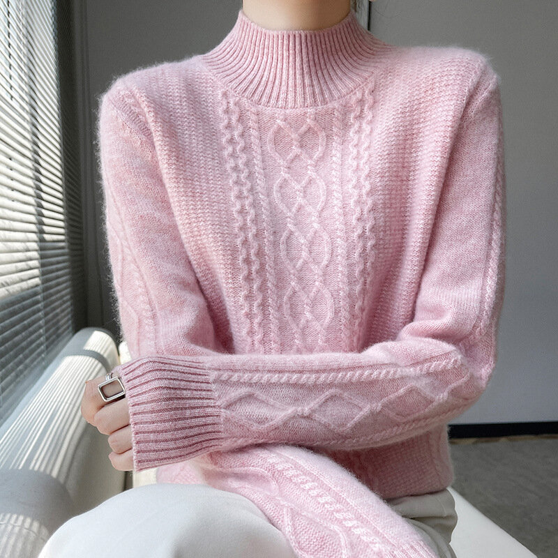 New Spring Knitted Pullovers Half High Collar Loose Thick Warm Sweater For Women Vintage Autumn Winter Mother Bottoming Top