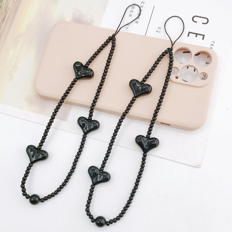 Korean Fashion Black Heart Cell Phone Charm Strap Y2K Acrylic Beaded  Phone Chain Lanyard Solid Color Phone Pendant Jewelry