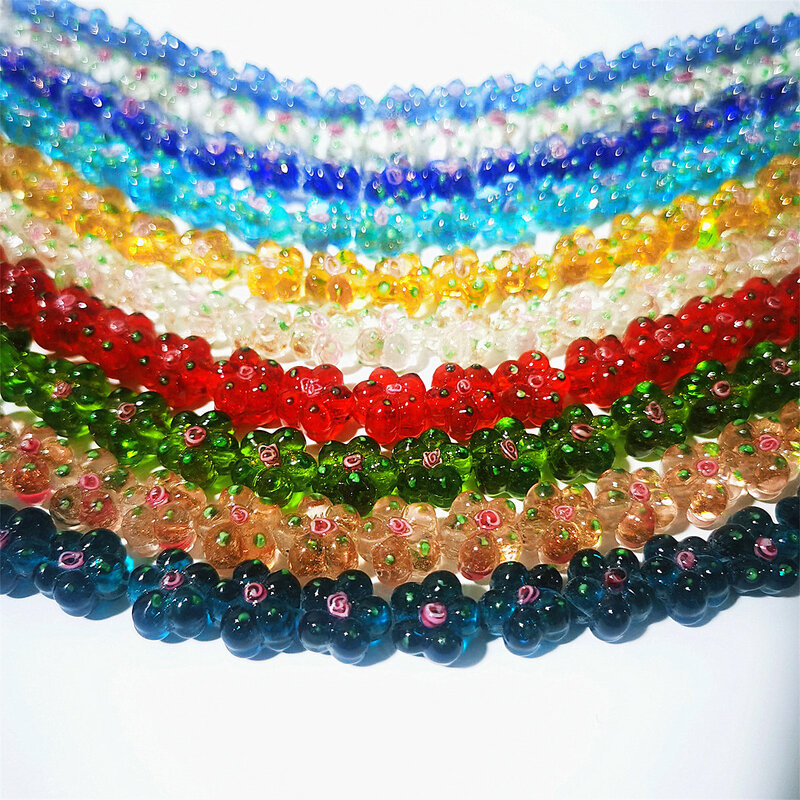 Artisanat de glaçure colorée fait à la main, verre au chalumeau, perles d'espacement, perle adt, bijoux, breloques exécutives, bricolage, fleur de Murano 3D, 10 pièces