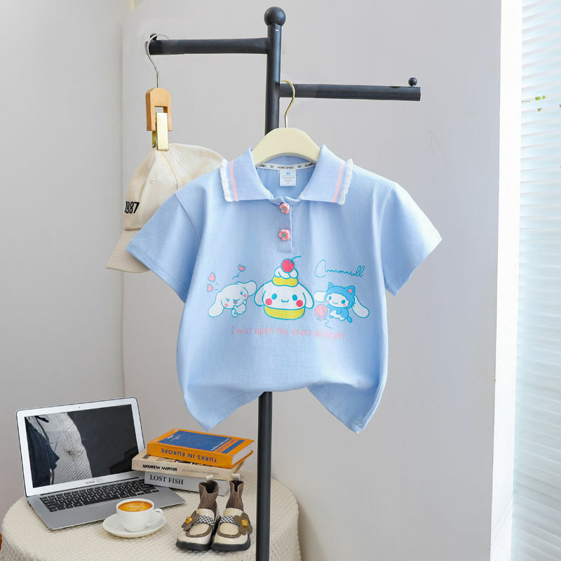 Детская Хлопковая футболка Sanrios с коротким рукавом и коротким рукавом My Melody Cinnamoroll Kuromi для девочек, модные топы с коротким рукавом, летняя детская одежда
