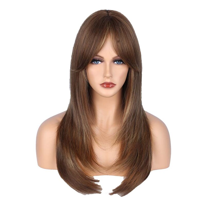 Long Wavy Wig Honey Brown Wig with Bangs Synthetic Heat Resistant Glueless Straight Hair Wig Cosplay 24 Inch Hair Wig Women