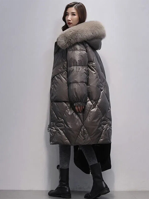 Jaquetas de colarinho de pele grande feminina, jaquetas acolchoadas no joelho, tamanho grande 2XL, soltas, inverno