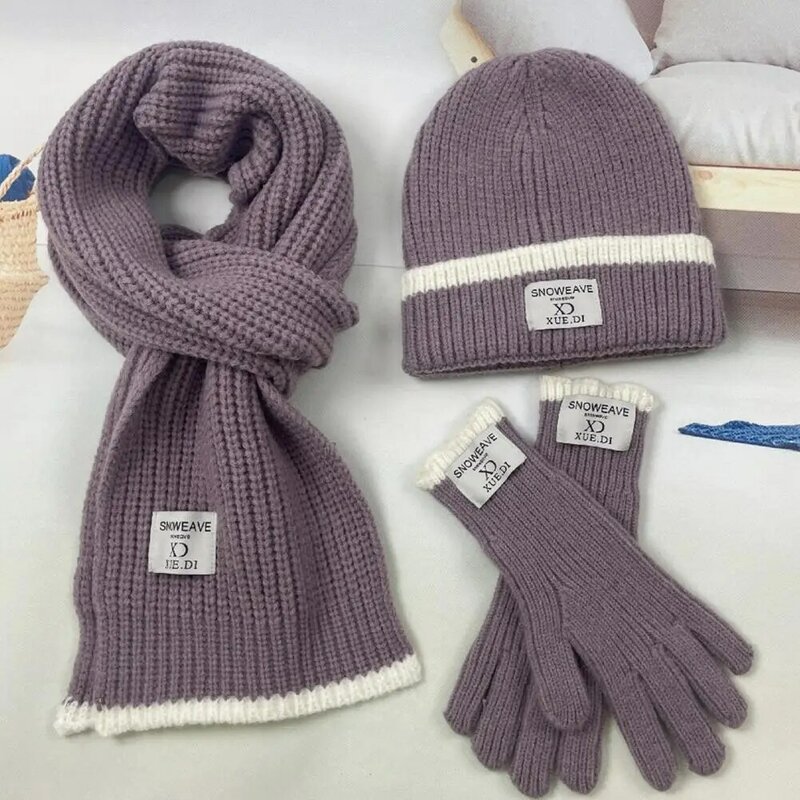 Hat Scarf Gloves Set Knit Beanie Hat Gloves Scarf Set 3-piece Winter Knit Set for Men Women Logo Print Hat Touch Screen Gloves