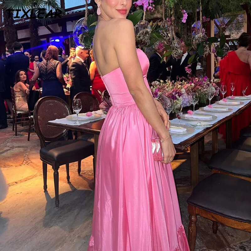 TIXLEAR Simple Strapless Prom Dresses Sleeveless Zipper Back Ankle Length Pleat Party Gown A-Line Custom Made فساتين سهرة New