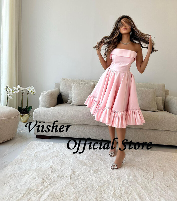 Розовое Атласное Платье Viisher без бретелек для выпускного вечера, плиссированное ТРАПЕЦИЕВИДНОЕ официальное вечернее платье длиной ниже колена, платье для празднования Дубая, арабского мероприятия
