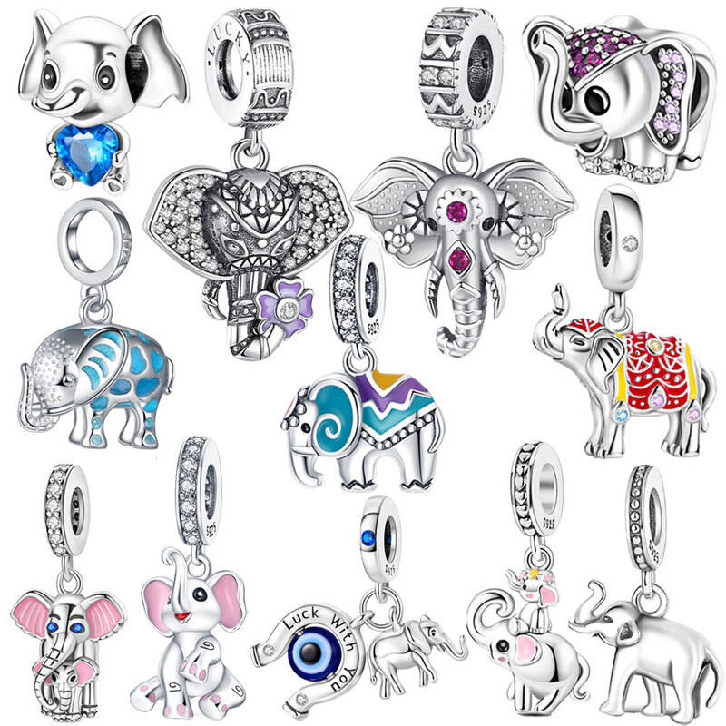 Indah 925 Sterling Silver penuh zirkonium & warna-warni & gajah anak jimat menjuntai cocok Pandora Gelang DIY hadiah perhiasan