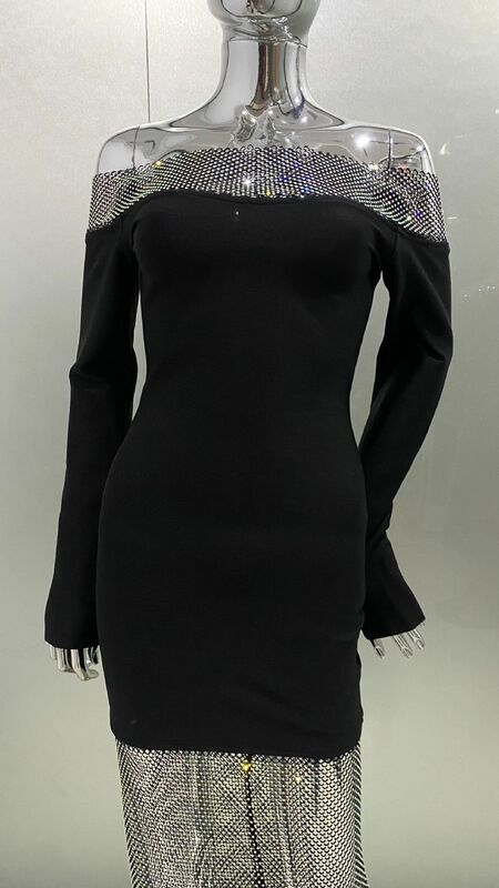 Robes de Rhà manches longues pour femmes, conception de filet de pêche creux en cristal brillant, bandage de club de célébrités désactivé, robe sexy noire