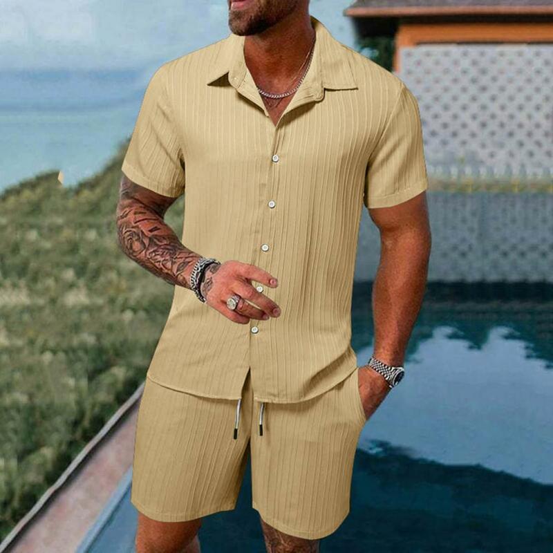 Conjunto de pantalones cortos de cintura con cordón para hombre, camisa con solapa informal, Color sólido, holgado, Verano