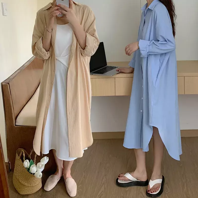 TFETTERS-Robe chemise longue à manches longues pour femmes, manteau boutonné, longueur genou, mode coréenne, décontracté