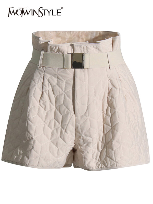 TWOTWINSTYLE กางเกงขาสั้นฤดูหนาวผู้หญิงสูงเอว Patchwork กระเป๋า Minimalist Patchwork กระเป๋าสตางค์ลำลองขาสั้นกางเกงหญิงใหม่