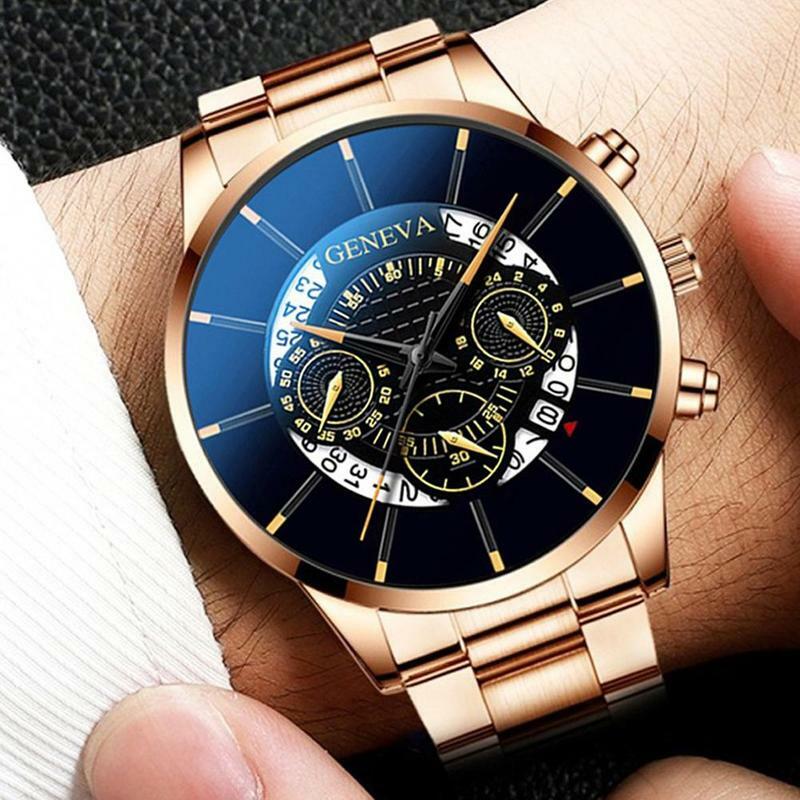 ファッション男性のスチールの時計ジュネーブ創造カレンダー腕時計男性用高級ビジネス腕時計発光表示時計