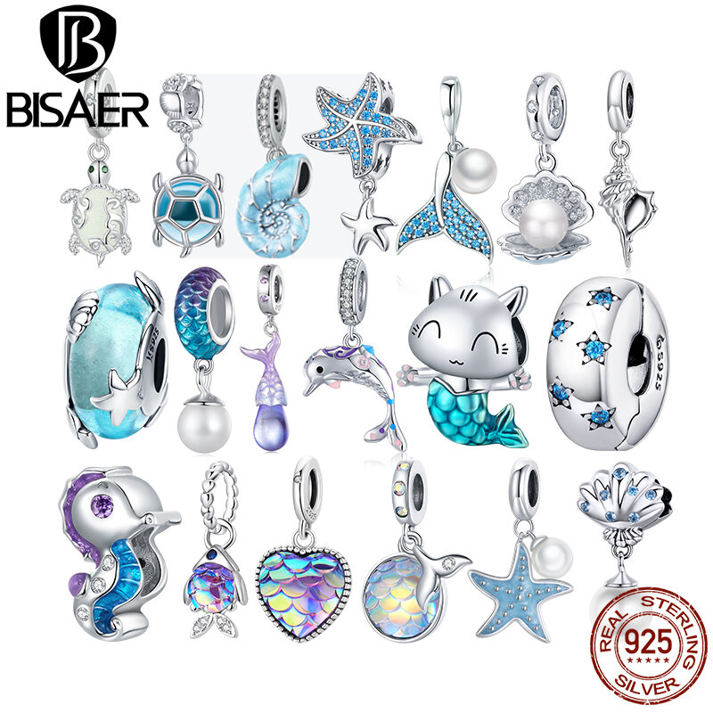 BISAER 925 Sterling Silver Charm Ocean Style Fish Dolphin Mermaid Shell Blue CZ Bead For Necklace&Bracelet DIY Fine Jewelry Gift