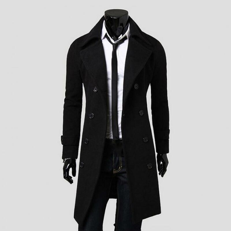 Casaco longo de lã trespassado duplo masculino, jaqueta à prova de vento, blusão grosso, sobretudo solto casual, monocromático, outono