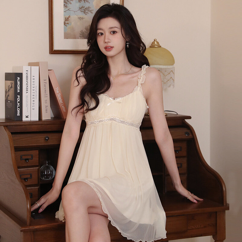 Summer Sexy Sling Nightdress With Chest Pads Women Imitation Solid Nightgown Sleepwear