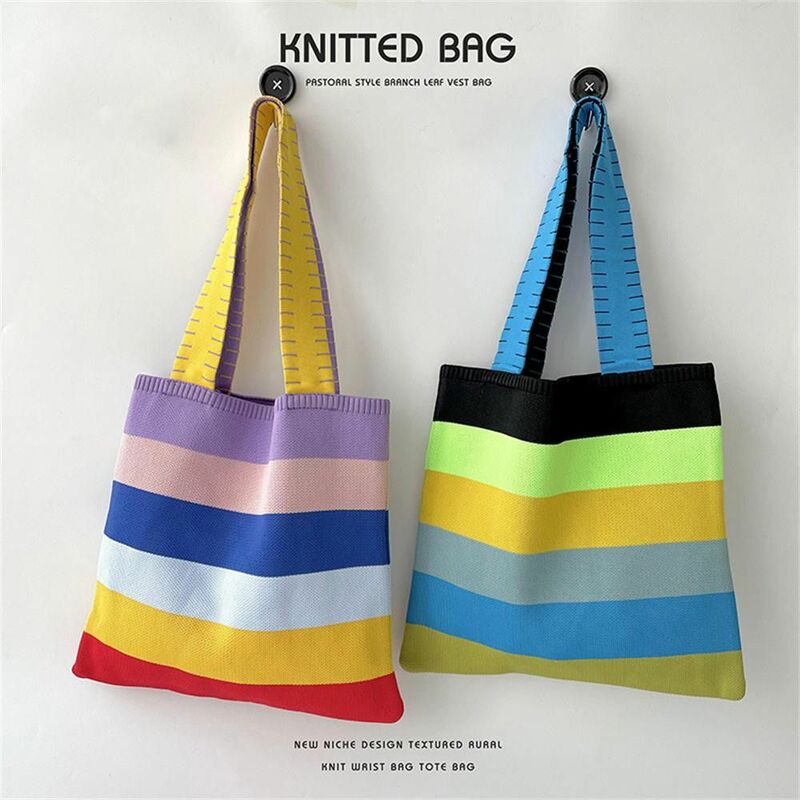 Rainbow Striped Handbag New Contrast Color Korean Style Eco Friendly Shopper Tote Handwoven Knit Shoulder Bag