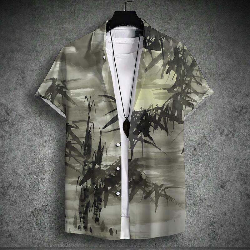 2024 neues Herren-Kurzarmhemd im chinesischen Stil bedrucktes Hawaii-Revers oberteil für Herren, großes, lässiges und bequemes Herren hemd