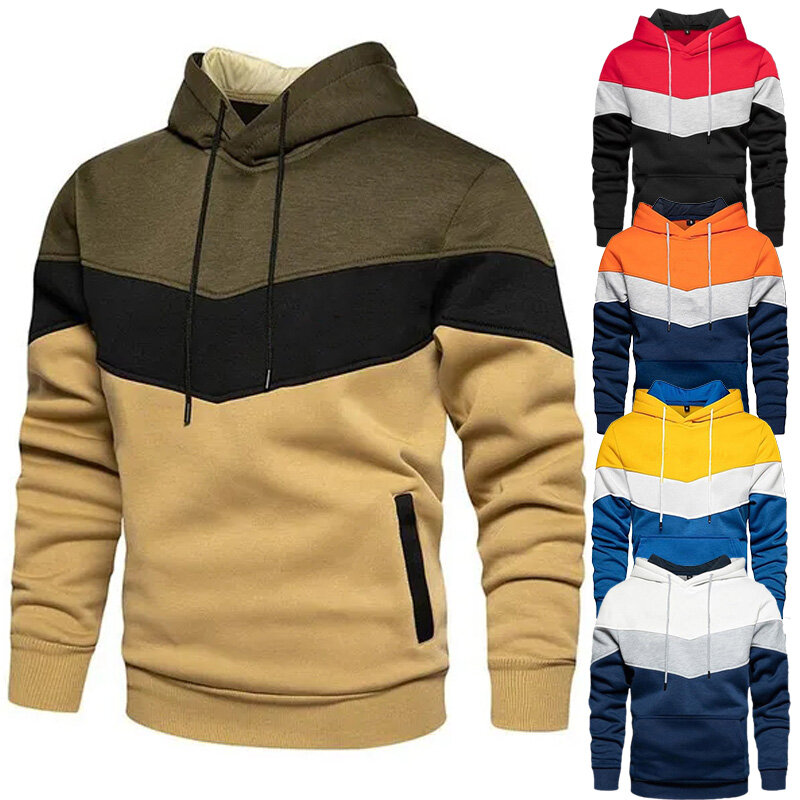 Sudadera con capucha de retales tricolor para hombre, top deportivo informal de manga larga, top deportivo para exteriores, Otoño e Invierno