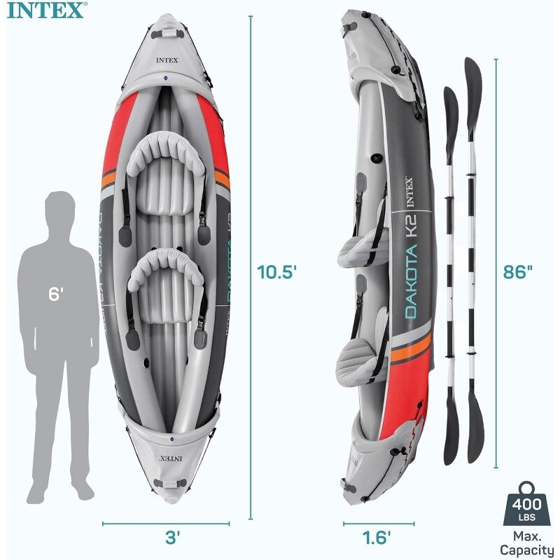 Intex Dakota K2 2 Person Inflatable Vinyl Kayak and Accessory Kit with 86 Inch Oars, Air Pump,and Carry Bag for Lakes and Rivers