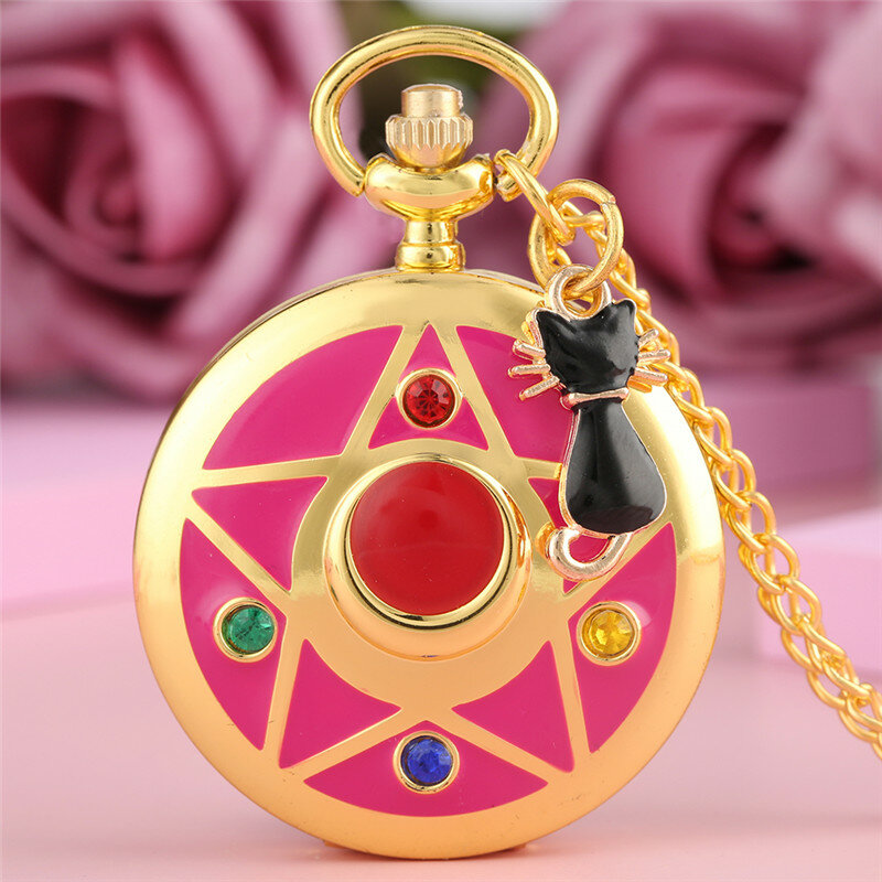 Kreatywny japoński Cosplay Anime Pentagram/księżyc/wzór kota kobiety dziewczyna kwarcowy zegarek kieszonkowy naszyjnik łańcuszek na prezent