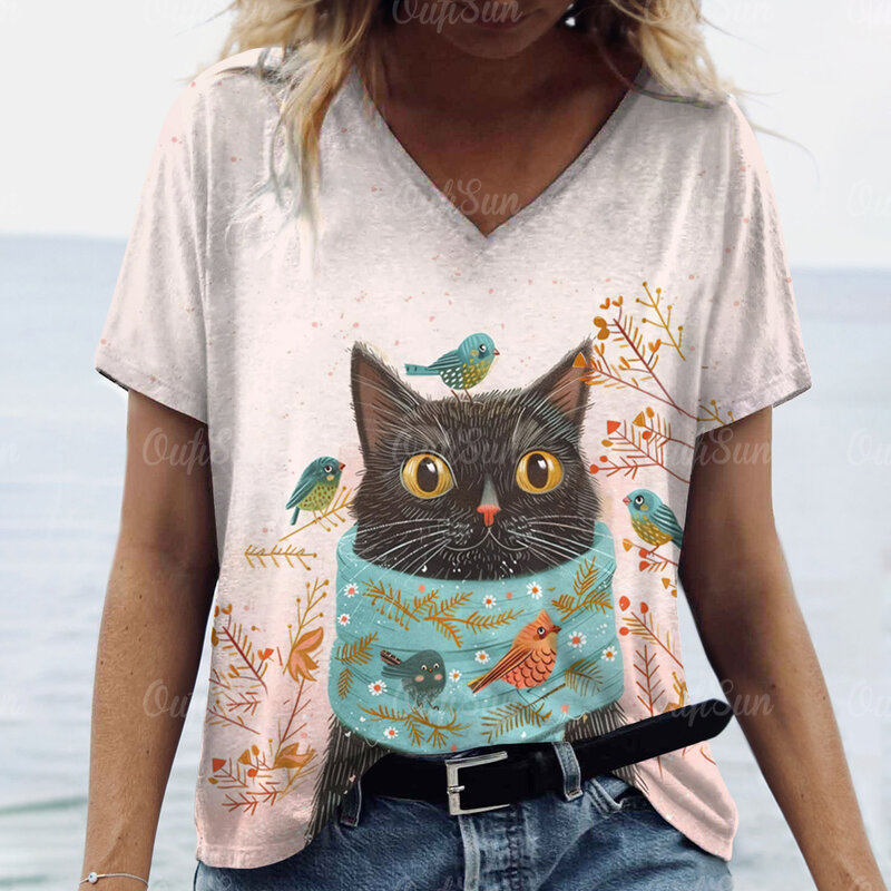 Desenhos animados de gato feminino camiseta estampada, blusa de verão, blusa de tendência feminina, camisa de manga curta, camiseta com decote em v, moda, 2024