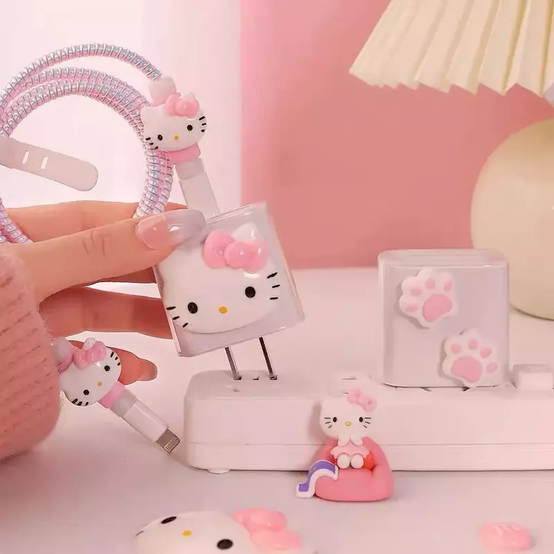 Kawaii Hello Kittys Set pelindung pengisi daya kabel Data IPhone cocok pengisi daya 18/20w lucu kartun hadiah anak perempuan tali Anti rusak