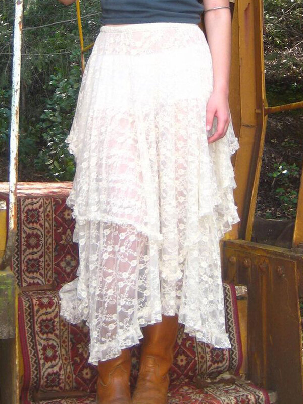 Weedeep seksowne przezroczyste nieregularne długie spódnice falbanki w stylu Vintage patchworkowe luźna koronka o linii a spódnica trzy czwarte kobiet na letnie wakacje