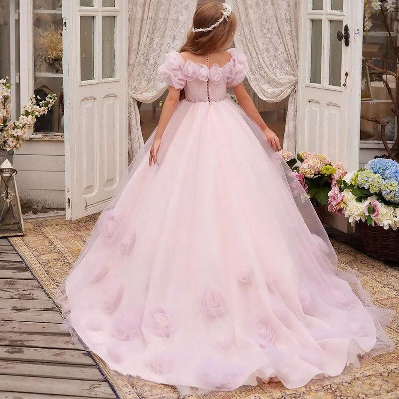 Dziewczęca sukienka w kwiaty dla ślubny tiul aplikacja z koralików puszysta długość podłogi eleganckie dziecko pierwsze sukienki na przyjęcie urodzinowe eucharystyczne