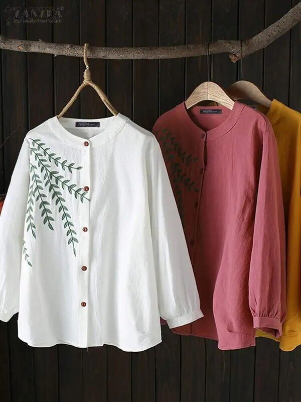 ZANZEA-Blusa bordada folgada para mulheres, tops com o pescoço, manga comprida casual, camisa de botão, túnica extragrande, sólida, elegante, verão, 2022