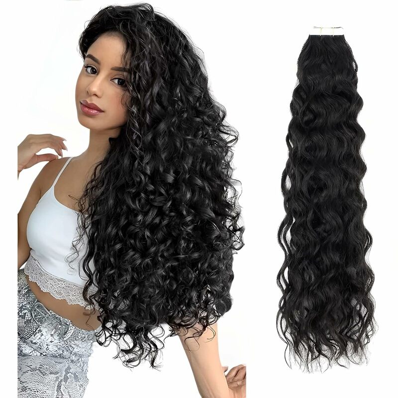 Water Wave Tape in Human Hair Extension Brazilian Human Hair Skin Weft Tape in Curly Human Hair 20pcs Tape in Hair Extensions