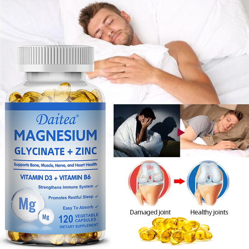 Daitea Magnesium-En Zinkcapsules-Magnesiumglycinaatsupplement Ter Ondersteuning Van De Gezondheid Van Spieren, Zenuwen, Gewrichten En Het Hart