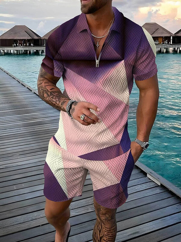 Костюм спортивный мужской оверсайз с цветными нашивками, Повседневная рубашка поло на молнии с 3D принтом и Шорты, модный комплект из 2 предметов, лето