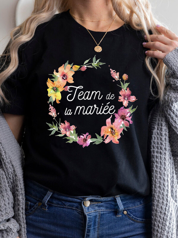 T-shirt da donna Flower Team Bride Squad 2022 nero La Mariee Hen Party addio al nubilato francia ragazza matrimonio donna top Tees