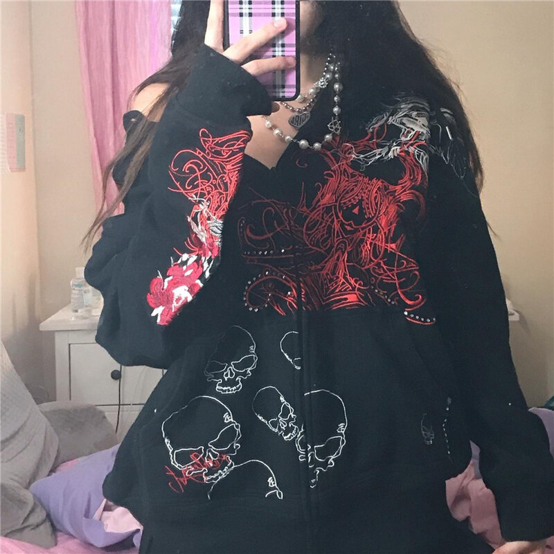Kaus Gotik Wanita 2000S Peri Grunge Tengkorak Cetak Lengan Panjang Atasan Bertudung Y2k Estetika Hoodie Pakaian Longgar Streetwear
