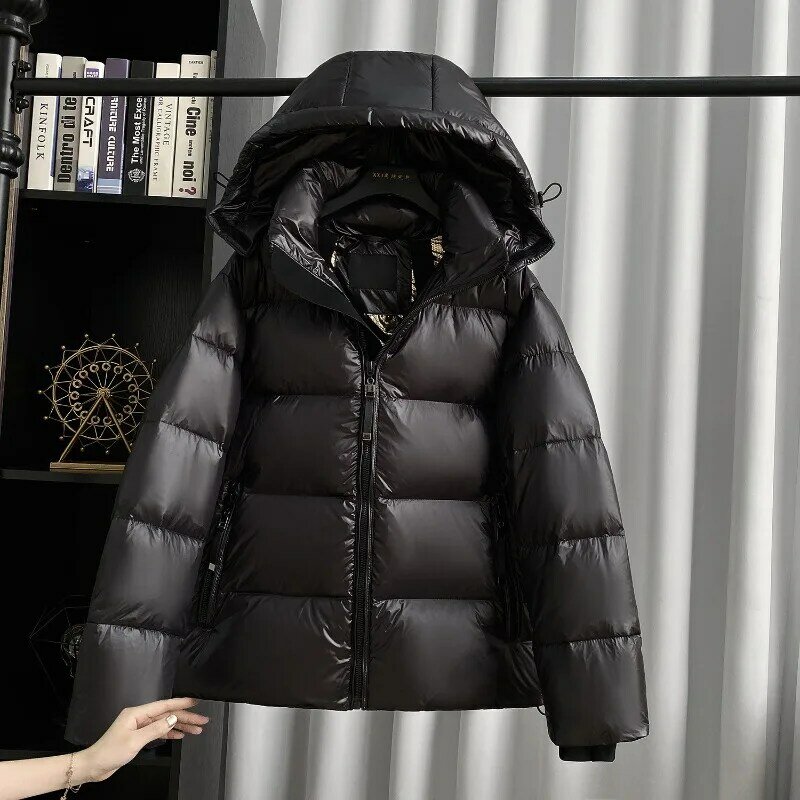 화이트 구스다운 커플 후드, 블랙 골드 숏 다운 재킷, 여성 아우터, 날씬해 보이는 두꺼운 보온성