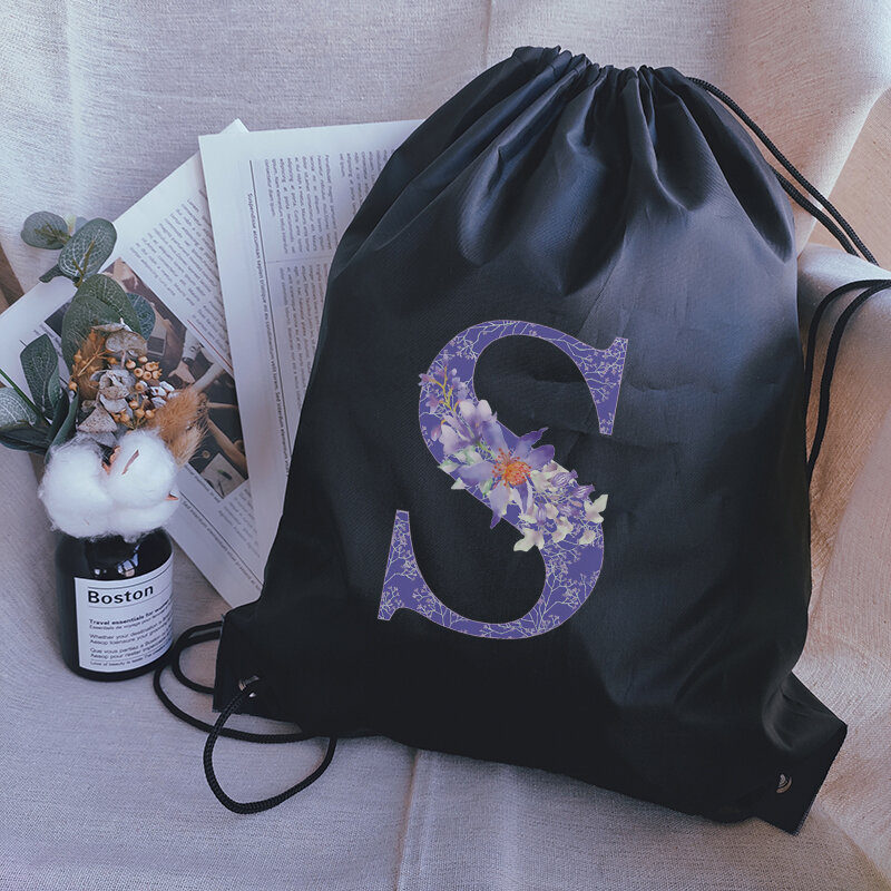 Męskie torby sportowe fioletowy list drukuj torba ze sznurkiem panie worek do przechowywania moda torby na zakupy nastolatek chłopcy plecak dla dziewcząt Bookbag