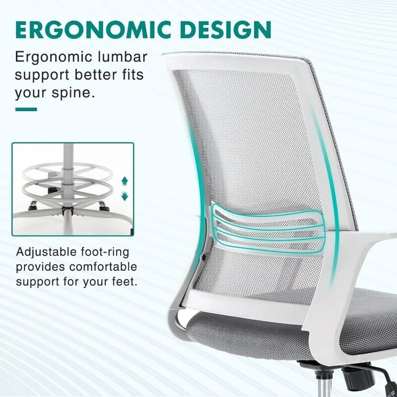 인체공학적 요추 지지대 팔걸이 달린 사무실 의자, 통기성 메쉬 스탠딩 책상 의자