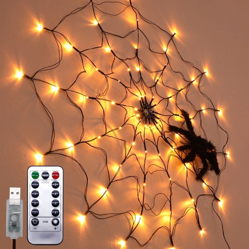 H55E Halloween LED شبكة العنكبوت ضوء سلسلة مع جهاز التحكم عن بعد شبكة شبكة مصباح ديكور