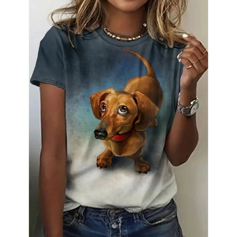 T-shirt manches courtes col rond femme, humoristique, décontracté, avec personnage de dessin animé, chien, impression 3D