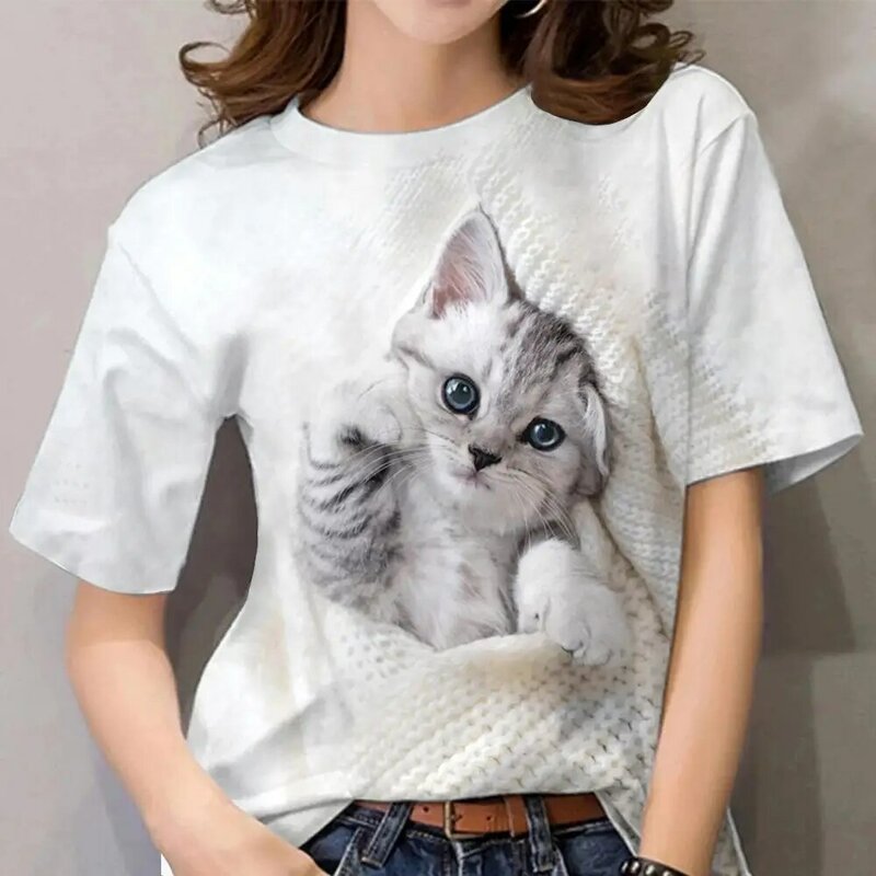 Camisetas con estampado 3D de gato para mujer y niña, ropa informal de calle de manga corta, Y2k