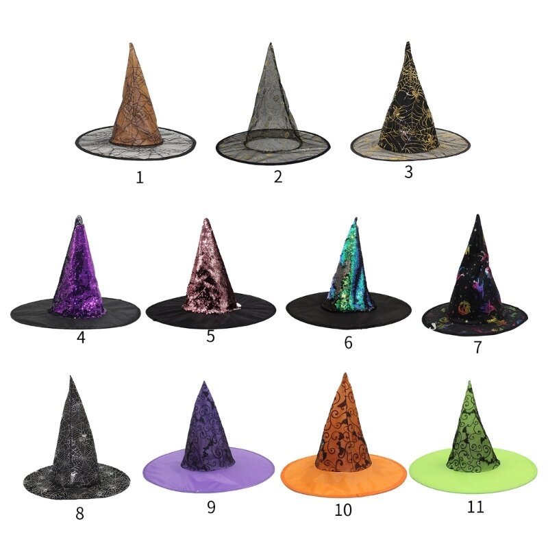 Chapéu bruxa tule com lantejoulas para decorações Halloween fantasia cosplay máscaras
