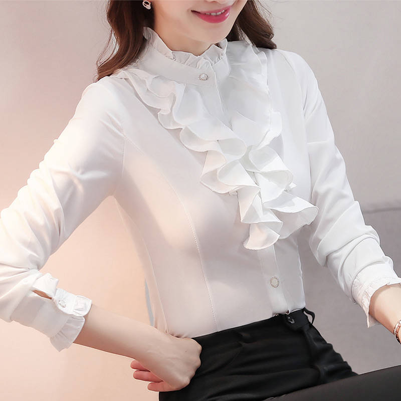 2023 vestiti primaverili nuova camicia fondo donna bottoni coreani tinta unita mezza altezza colletto camicetta manica lunga abbigliamento donna
