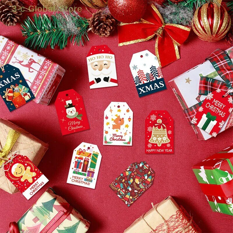 1Set liontin kecil dekorasi pohon Natal kertas label Natal dengan tali warna kartu cetak jimat hadiah Natal