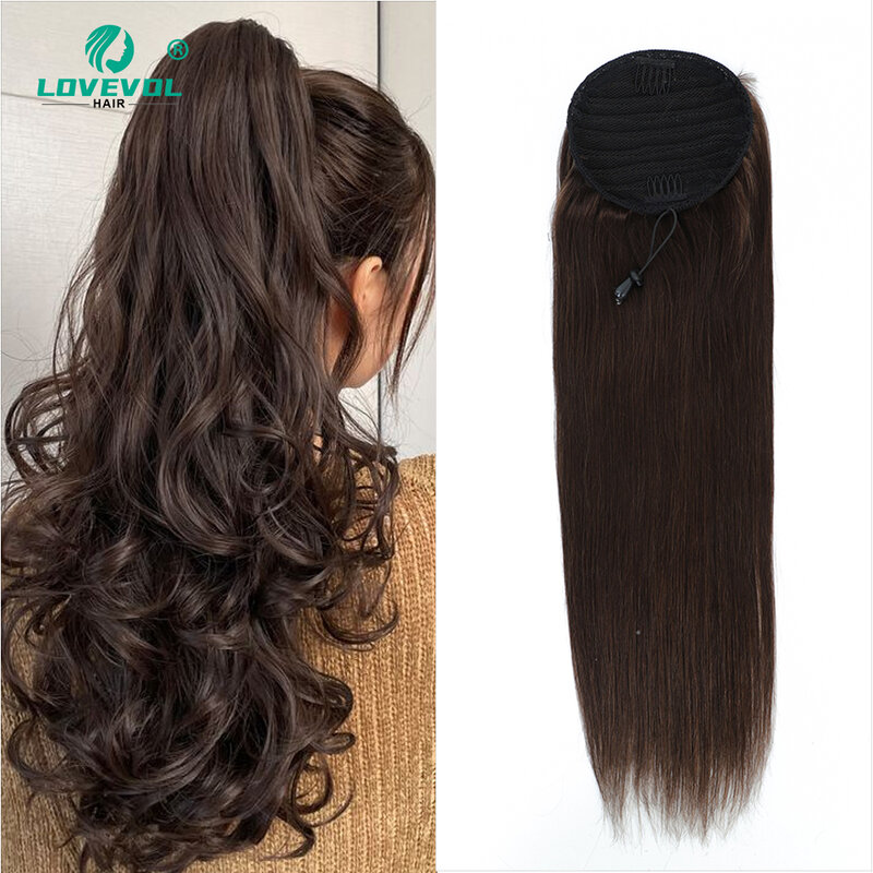 Lovevol 160G 18“-26” Drawstring Ponytail Human Hair With Clips Dark Brown Stright For Women Clip In Hair Extension Wrap Ponytail