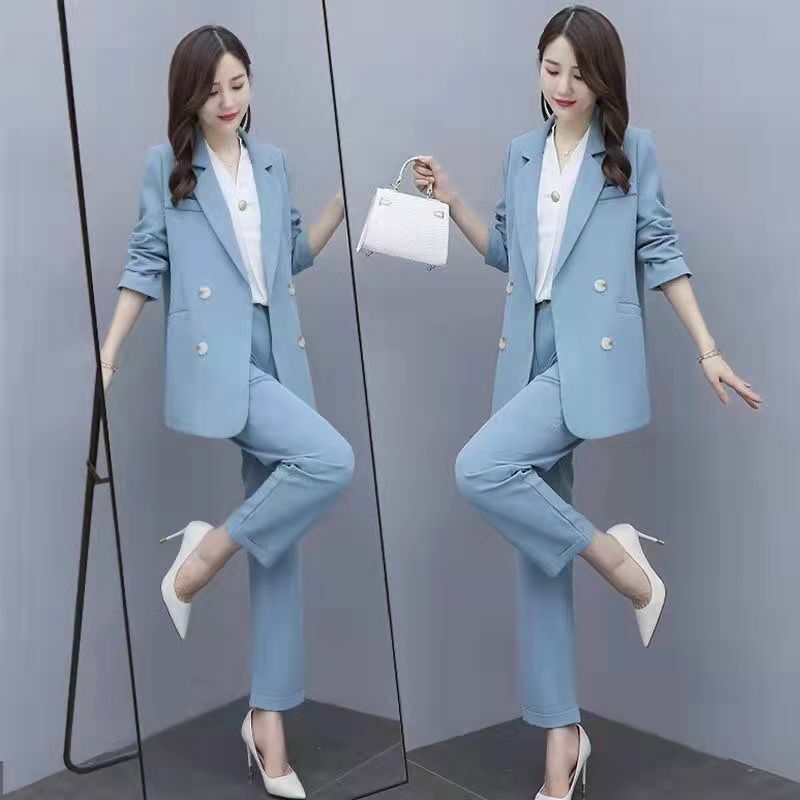 Женский весенний профессиональный костюм из двух предметов, элегантный свободный пиджак и брюки в Корейском стиле, костюм, новинка 2024