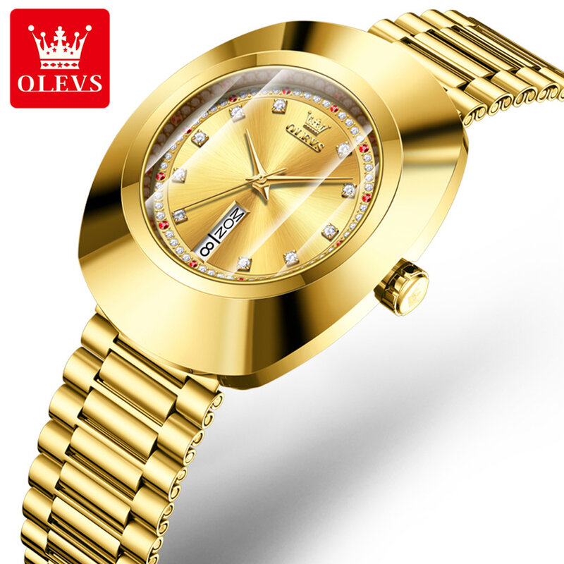 OLEVS jam tangan kuarsa mewah berlian, arloji Dial besar dua kalender, merek Top tahan air untuk wanita 7017