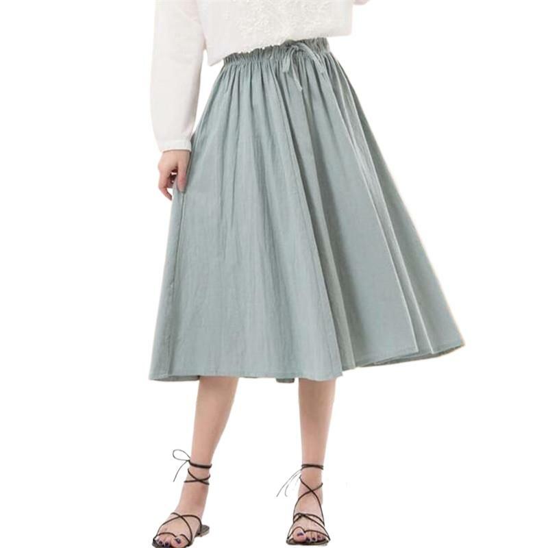 Jupe longue plissée en coton et lin pour femmes, vêtement de plage, taille élastique, vintage, été